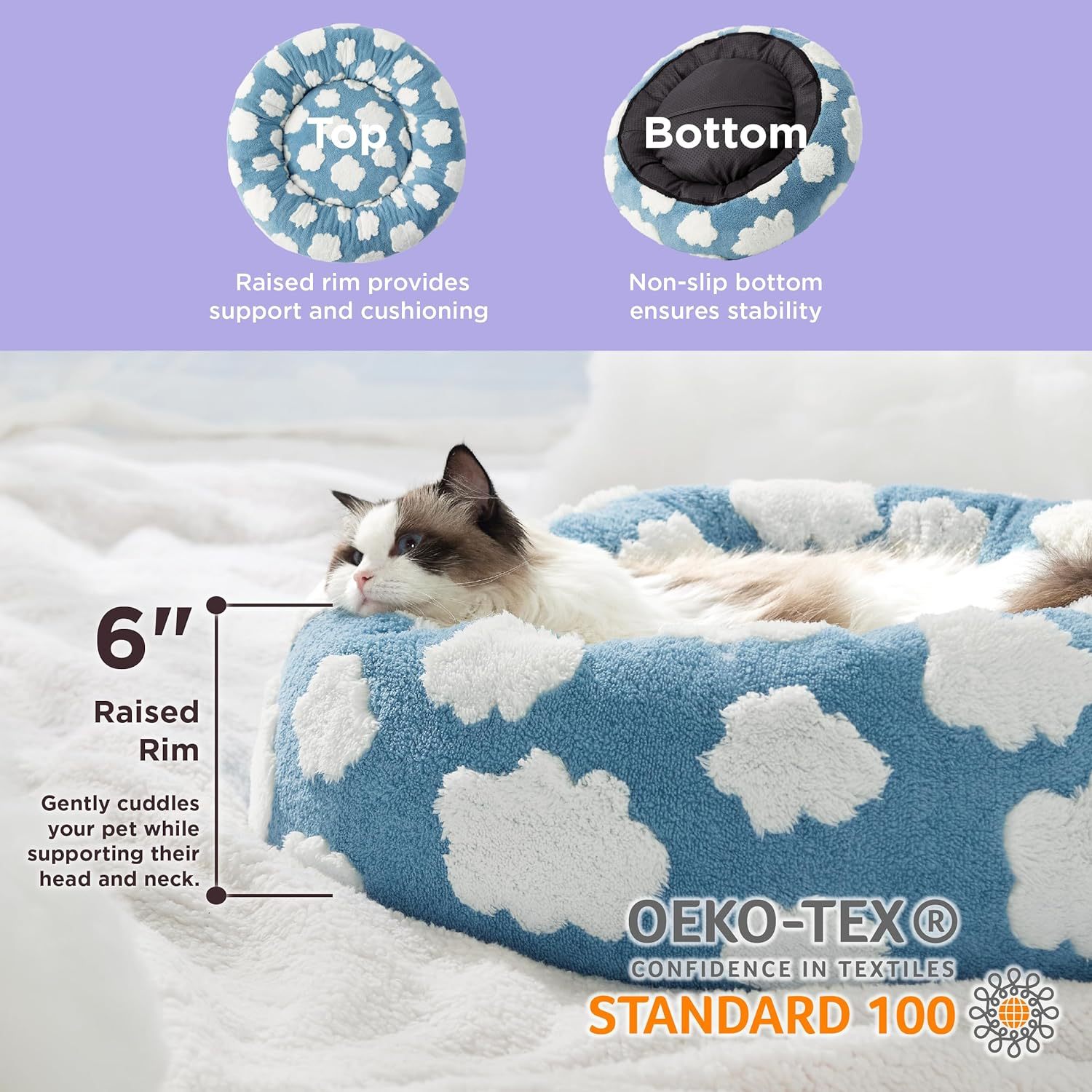 Leisure Cat Beds For Indoor Cats - Round Cat Bed Donut Small Dog Bed Calming Pet Beds, Cute Modern Beds With Jacquard Shaggy Plush & Anti Slip Bottom