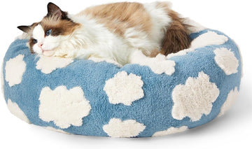 Leisure Cat Beds For Indoor Cats - Round Cat Bed Donut Small Dog Bed Calming Pet Beds, Cute Modern Beds With Jacquard Shaggy Plush & Anti Slip Bottom