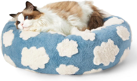 Leisure Cat Beds For Indoor Cats - Round Cat Bed Donut Small Dog Bed Calming Pet Beds, Cute Modern Beds With Jacquard Shaggy Plush & Anti Slip Bottom