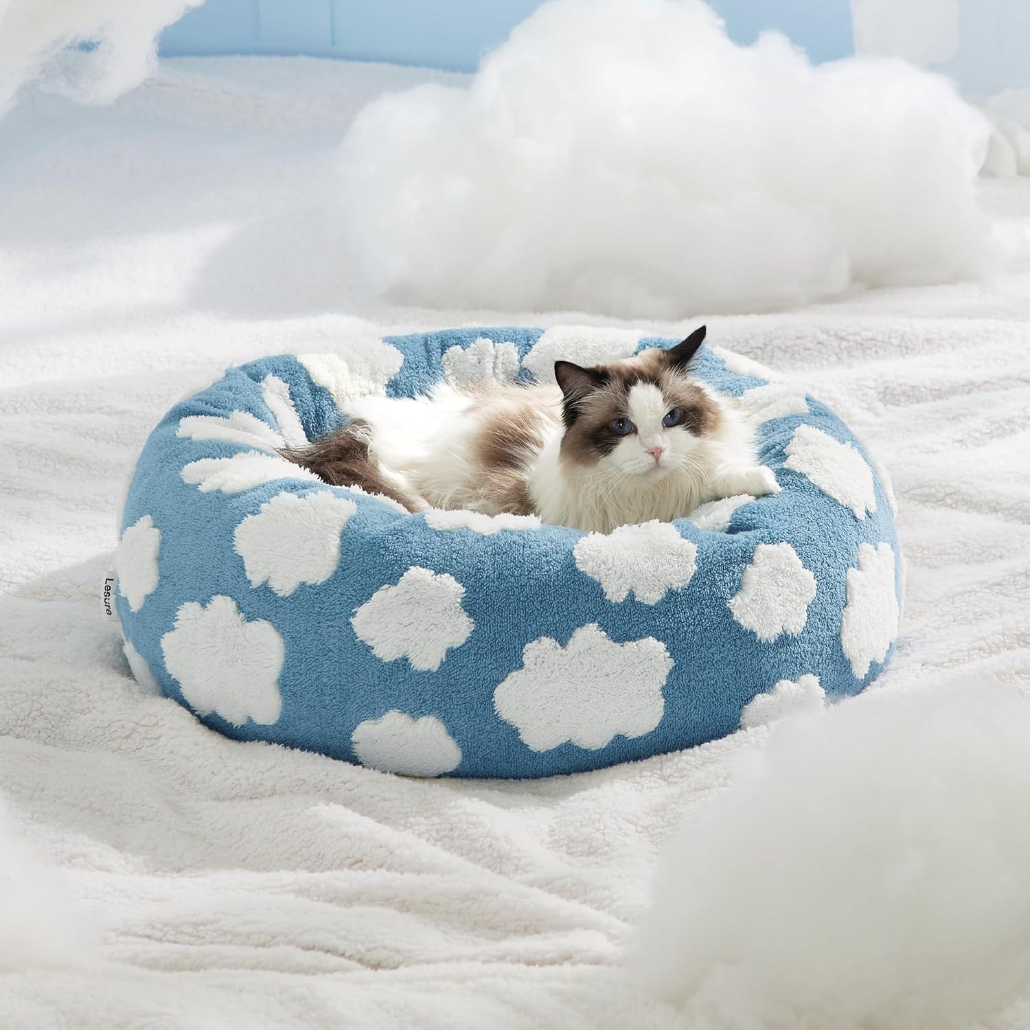 Leisure Cat Beds For Indoor Cats - Round Cat Bed Donut Small Dog Bed Calming Pet Beds, Cute Modern Beds With Jacquard Shaggy Plush & Anti Slip Bottom