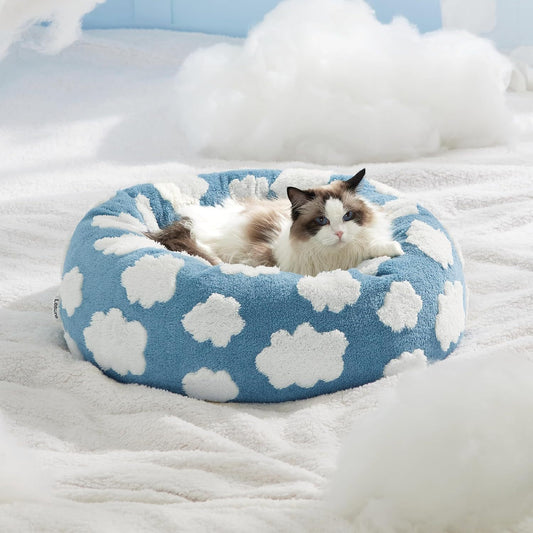 Leisure Cat Beds For Indoor Cats - Round Cat Bed Donut Small Dog Bed Calming Pet Beds, Cute Modern Beds With Jacquard Shaggy Plush & Anti Slip Bottom